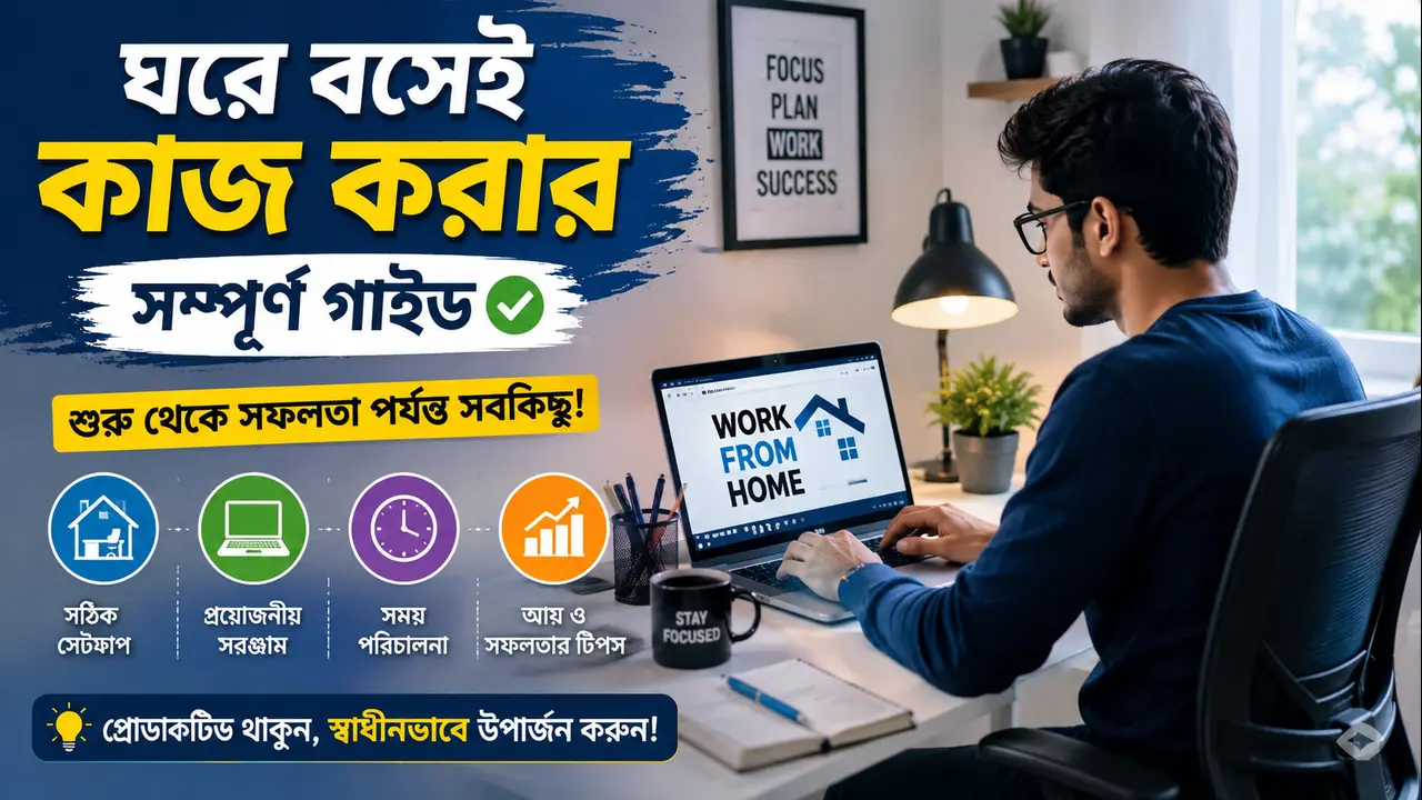 ঘরে বসে সফলভাবে কাজ করতে চান? এই Work From Home Setup Guide-এ জানুন সঠিক ডেস্ক সেটআপ, ইন্টারনেট, প্রোডাক্টিভিটি, স্বাস্থ্য এবং আয় বাড়ানোর কার্যকর টিপস।