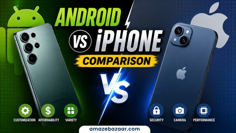 Android and iPhone smartphones placed side by side for comparison