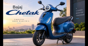 Bajaj Chetak electric scooter parked outdoors showing premium design and LED headlamp.