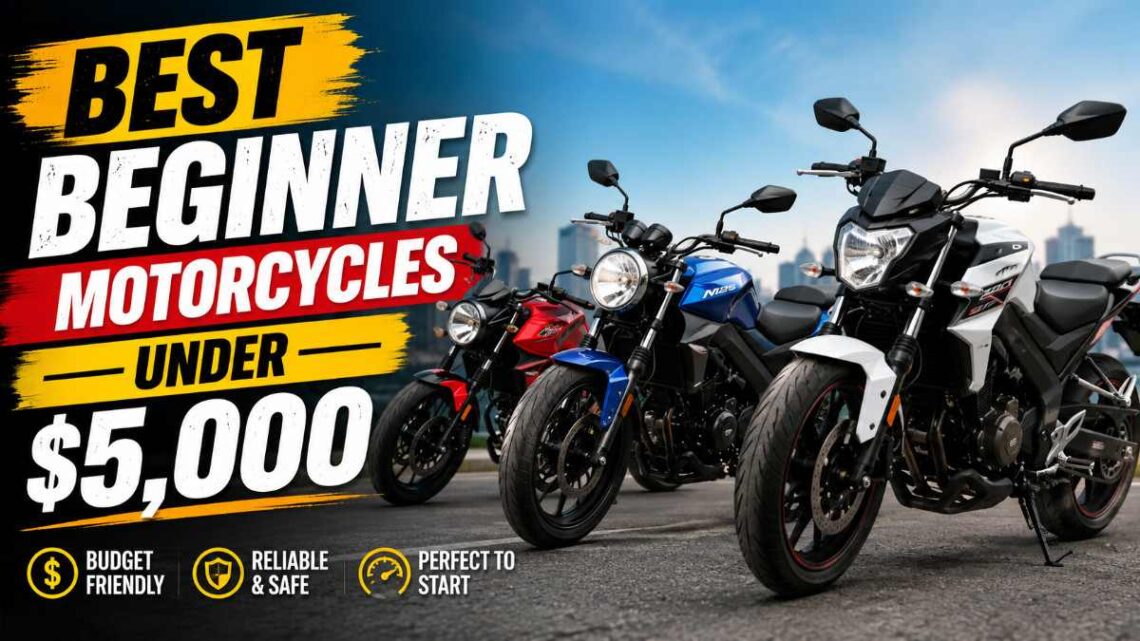 New rider sitting on a lightweight beginner cruiser motorcycle, one of the best beginner motorcycles under $5,000