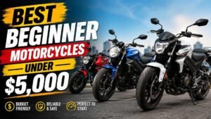 New rider sitting on a lightweight beginner cruiser motorcycle, one of the best beginner motorcycles under $5,000