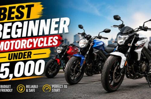 New rider sitting on a lightweight beginner cruiser motorcycle, one of the best beginner motorcycles under $5,000