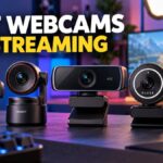 A collection of modern streaming webcams displayed on a desk with a gaming setup in the background, highlighting the best webcams for streaming in 2026.