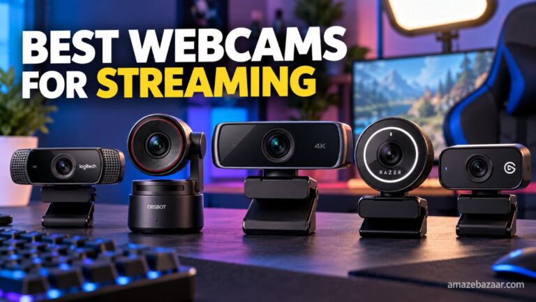 A collection of modern streaming webcams displayed on a desk with a gaming setup in the background, highlighting the best webcams for streaming in 2026.