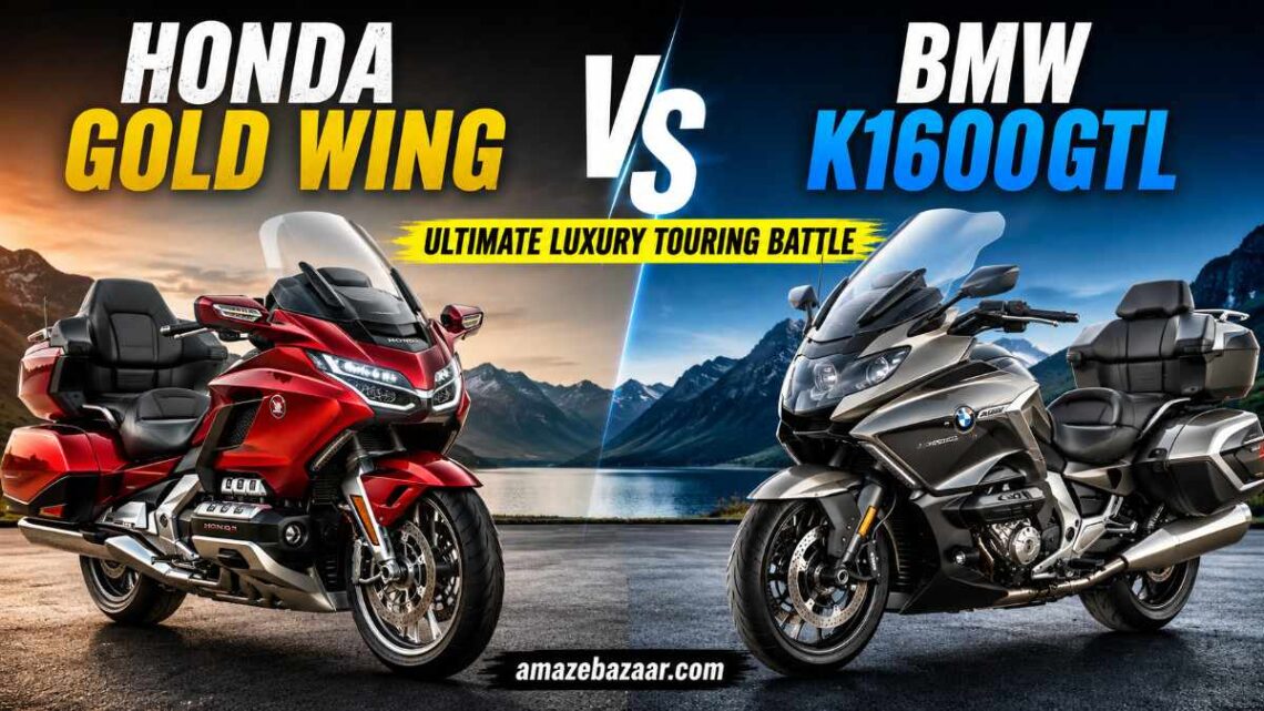Honda Gold Wing vs BMW K1600GTL luxury touring motorcycles side-by-side comparison on a scenic mountain road.