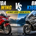 Honda Gold Wing vs BMW K1600GTL luxury touring motorcycles side-by-side comparison on a scenic mountain road.