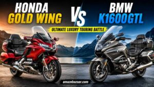 Honda Gold Wing vs BMW K1600GTL luxury touring motorcycles side-by-side comparison on a scenic mountain road.