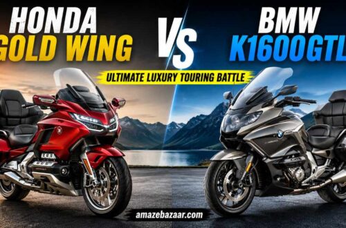 Honda Gold Wing vs BMW K1600GTL luxury touring motorcycles side-by-side comparison on a scenic mountain road.