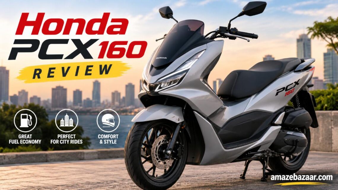 Silver Honda PCX160 premium scooter parked outdoors showing its modern design, LED headlights, and sporty styling for a detailed review article.