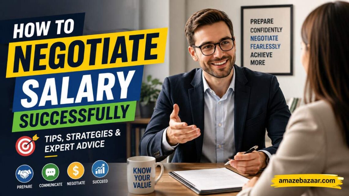 Illustration of two people shaking hands after successfully negotiating a job salary