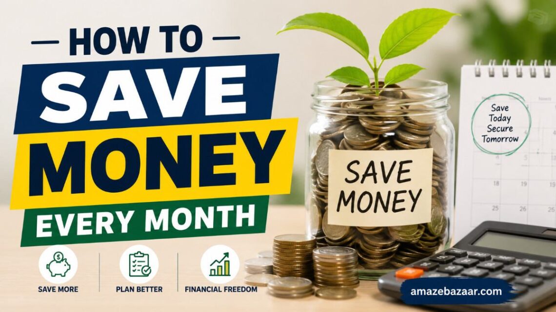 Illustration of a piggy bank surrounded by gold coins and an upward growth arrow, representing tips on how to save money every month