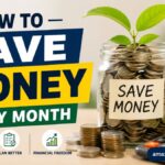 Illustration of a piggy bank surrounded by gold coins and an upward growth arrow, representing tips on how to save money every month