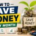 Illustration of a piggy bank surrounded by gold coins and an upward growth arrow, representing tips on how to save money every month