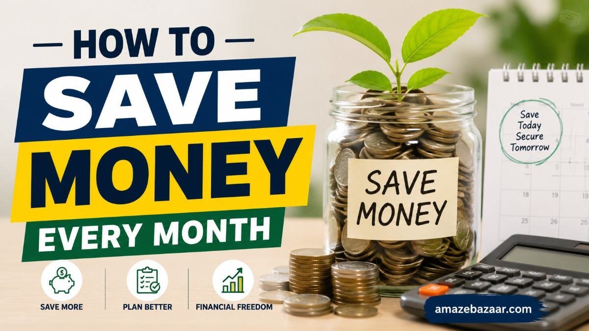 Illustration of a piggy bank surrounded by gold coins and an upward growth arrow, representing tips on how to save money every month