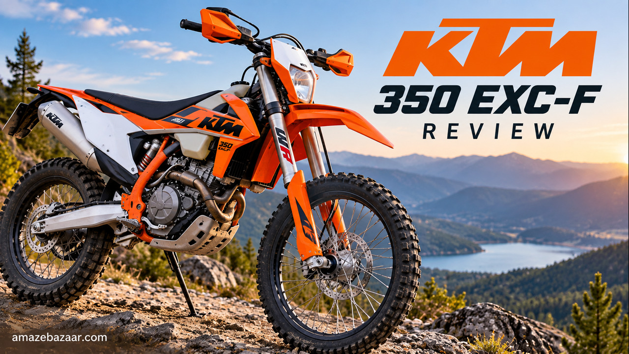 Orange KTM 350 EXC-F enduro motorcycle parked on a rocky mountain trail during sunset.