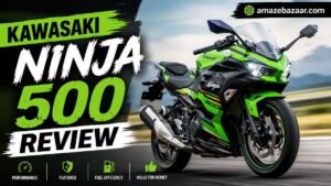 Kawasaki Ninja 500 sportbike parked outdoors, side view showing its trellis frame, dual headlights, and sport fairing