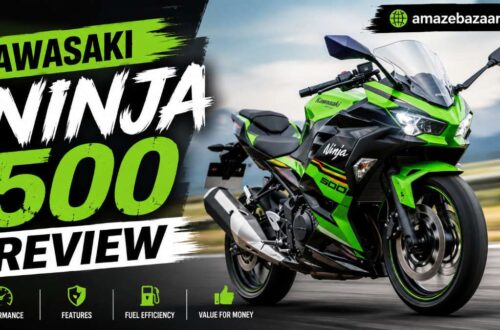 Kawasaki Ninja 500 sportbike parked outdoors, side view showing its trellis frame, dual headlights, and sport fairing