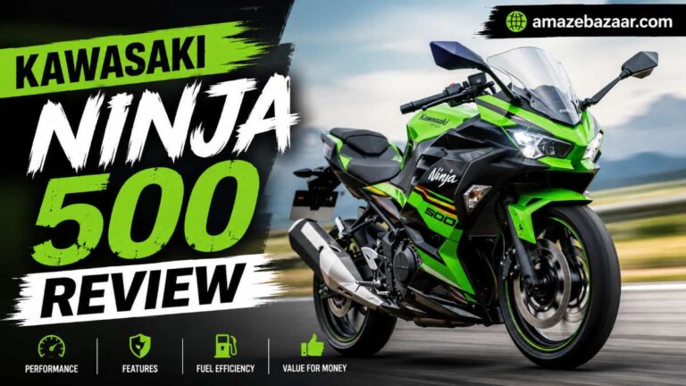 Kawasaki Ninja 500 sportbike parked outdoors, side view showing its trellis frame, dual headlights, and sport fairing