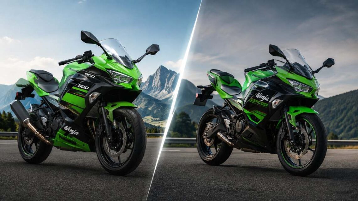 Kawasaki Ninja 500 vs Ninja 400 comparison thumbnail showing two green sport motorcycles side by side on a mountain road with a dramatic split background.