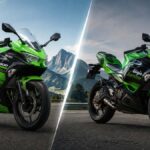 Kawasaki Ninja 500 vs Ninja 400 comparison thumbnail showing two green sport motorcycles side by side on a mountain road with a dramatic split background.