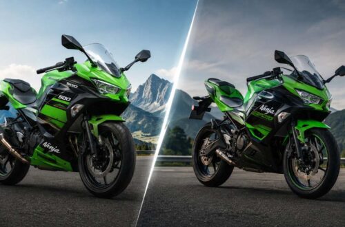 Kawasaki Ninja 500 vs Ninja 400 comparison thumbnail showing two green sport motorcycles side by side on a mountain road with a dramatic split background.