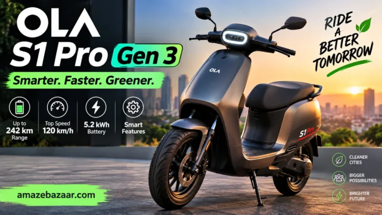 Ola S1 Pro Gen 3 electric scooter in grey color showing modern design, LED headlight, 242 km battery range, and smart features in India