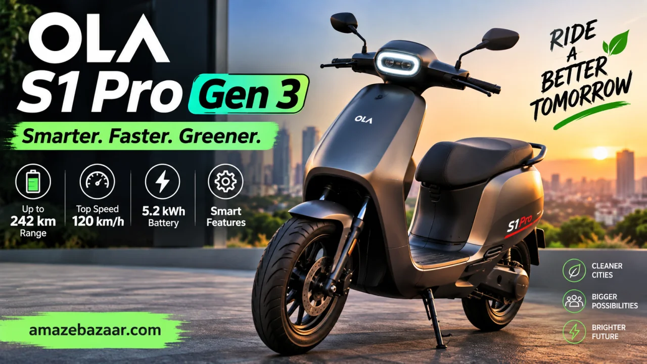 Ola S1 Pro Gen 3 electric scooter in grey color showing modern design, LED headlight, 242 km battery range, and smart features in India