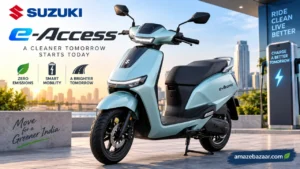 Suzuki e-Access electric scooter parked in an urban environment showcasing its premium design and LED lighting.
