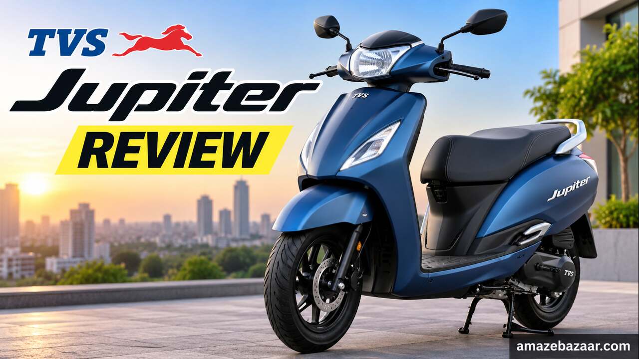 Blue TVS Jupiter scooter parked outdoors for detailed review.