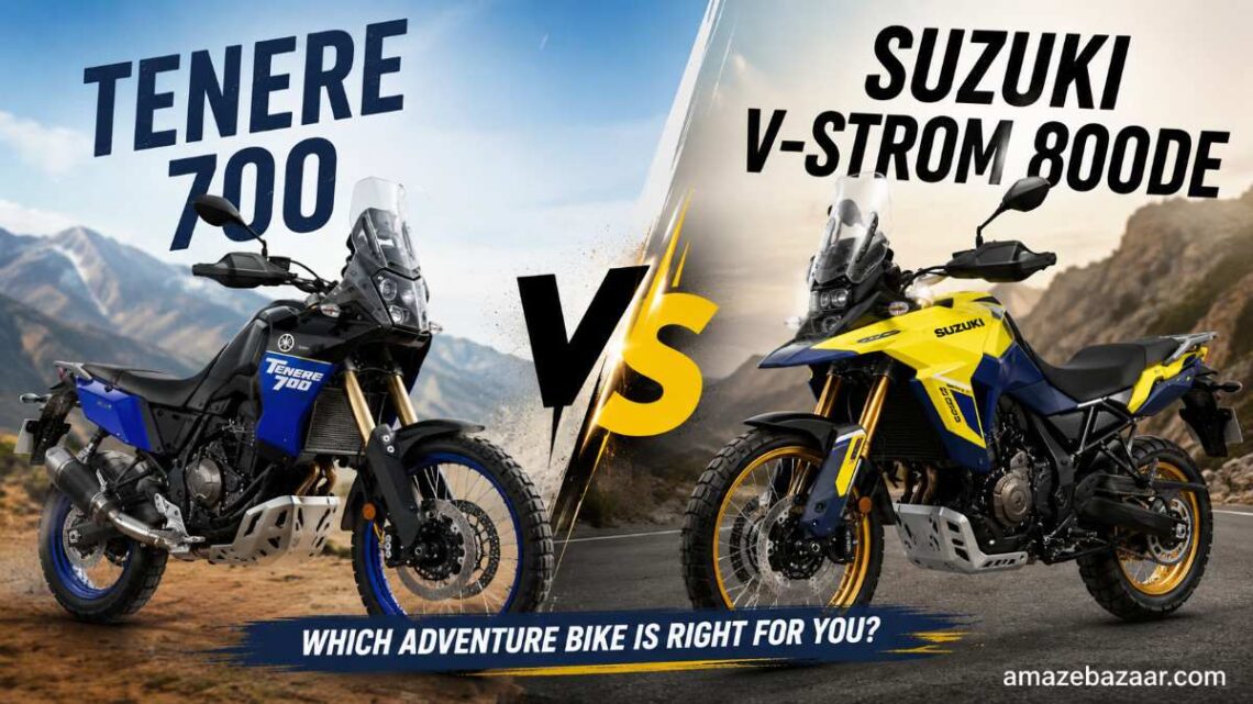 ALT TEXT Tenere 700 vs Suzuki V-Strom 800DE comparison thumbnail showing both adventure motorcycles side by side on mountain roads with a bold VS design for an in-depth adventure bike comparison.