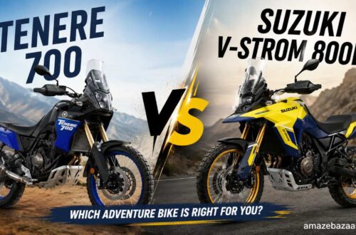 ALT TEXT Tenere 700 vs Suzuki V-Strom 800DE comparison thumbnail showing both adventure motorcycles side by side on mountain roads with a bold VS design for an in-depth adventure bike comparison.