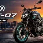 Yamaha MT-07 parked on a city street at sunset, highlighting its aggressive naked bike design for a detailed review.