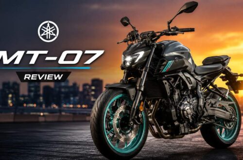Yamaha MT-07 parked on a city street at sunset, highlighting its aggressive naked bike design for a detailed review.
