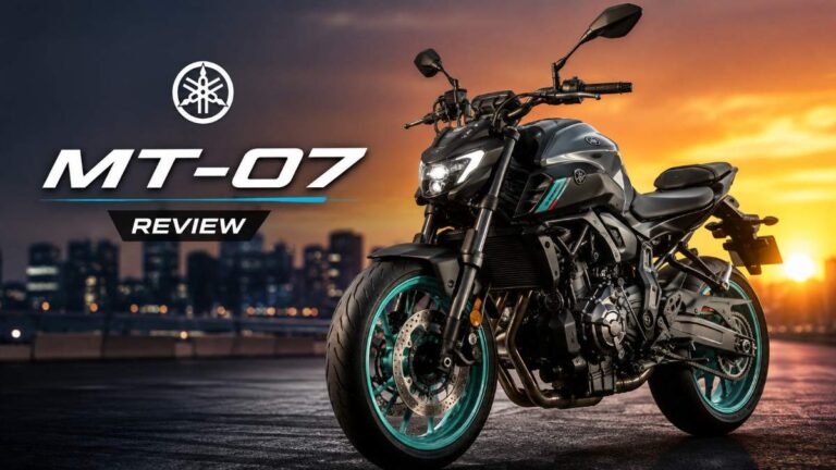 Yamaha MT-07 parked on a city street at sunset, highlighting its aggressive naked bike design for a detailed review.