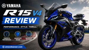 Blue Yamaha R15 V4 sports motorcycle parked on a race track during a detailed review showcasing its sporty design and premium features.