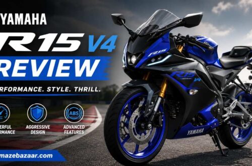 Blue Yamaha R15 V4 sports motorcycle parked on a race track during a detailed review showcasing its sporty design and premium features.