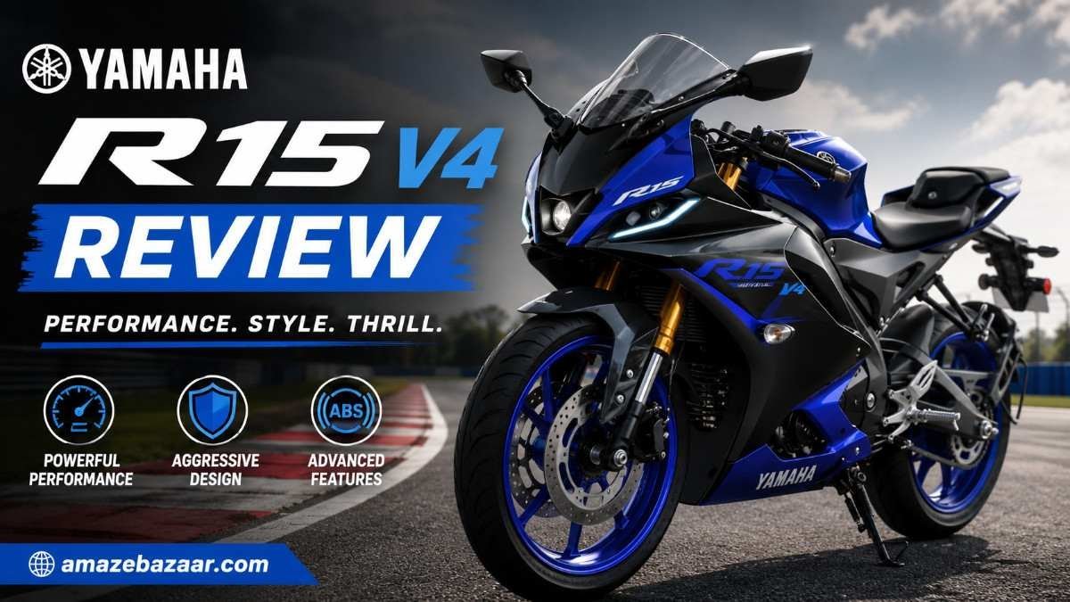 Blue Yamaha R15 V4 sports motorcycle parked on a race track during a detailed review showcasing its sporty design and premium features.