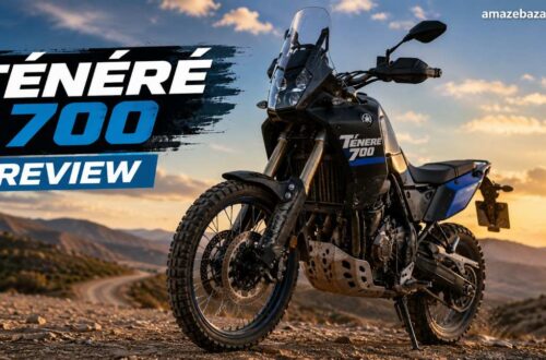 Yamaha Ténéré 700 adventure motorcycle parked on a rugged mountain trail during sunset for a detailed review.