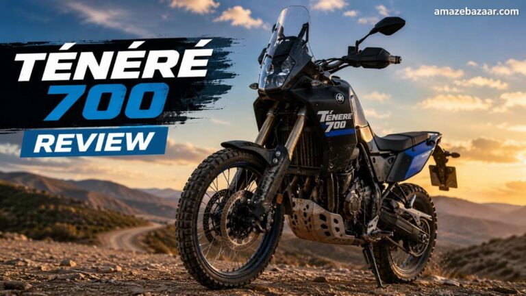 Yamaha Ténéré 700 adventure motorcycle parked on a rugged mountain trail during sunset for a detailed review.