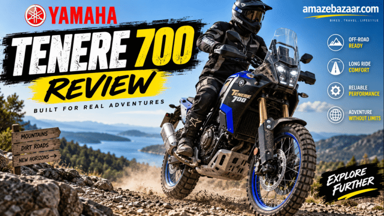 Yamaha Tenere 700 adventure motorcycle riding on a rocky mountain trail during an off-road review.
