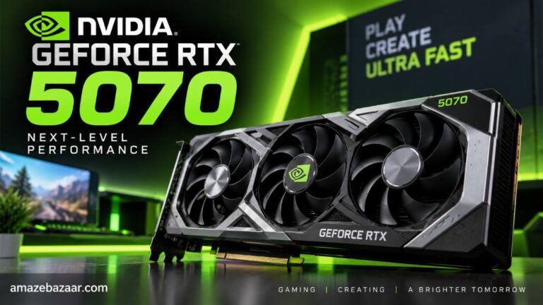 NVIDIA GeForce RTX 5070 graphics card with triple-fan cooling design for high-end 1440p and 4K gaming performance.