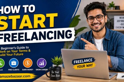 Freelancer working on a laptop at a home desk while planning a freelance career