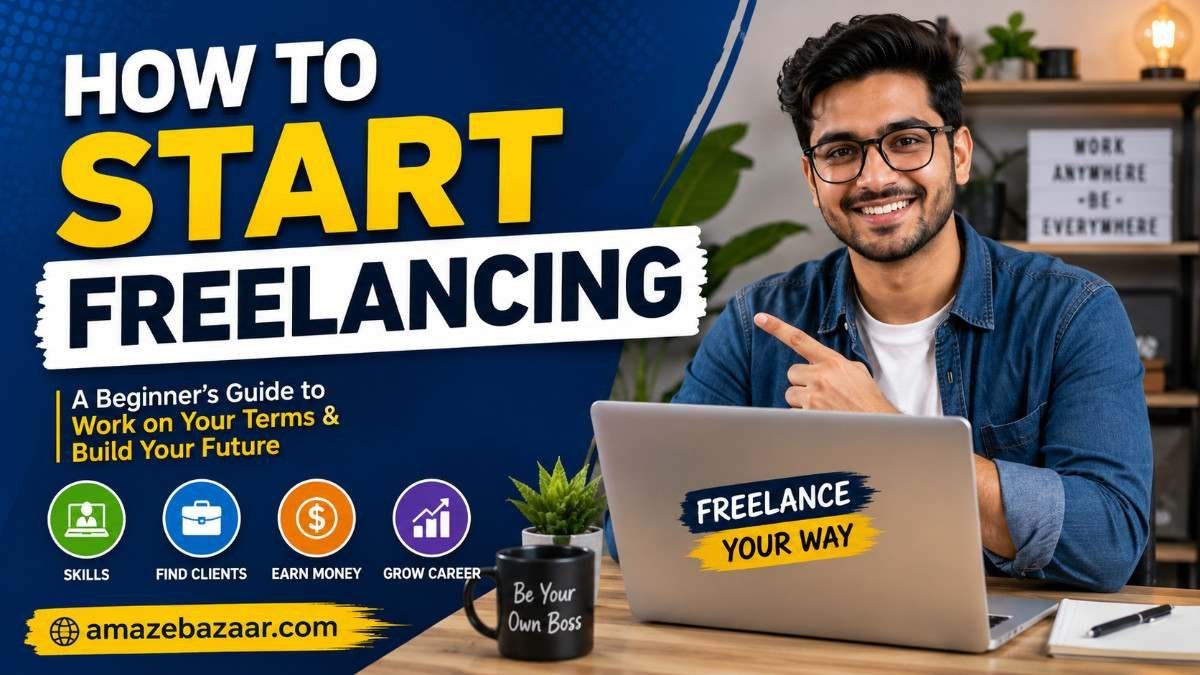 Freelancer working on a laptop at a home desk while planning a freelance career