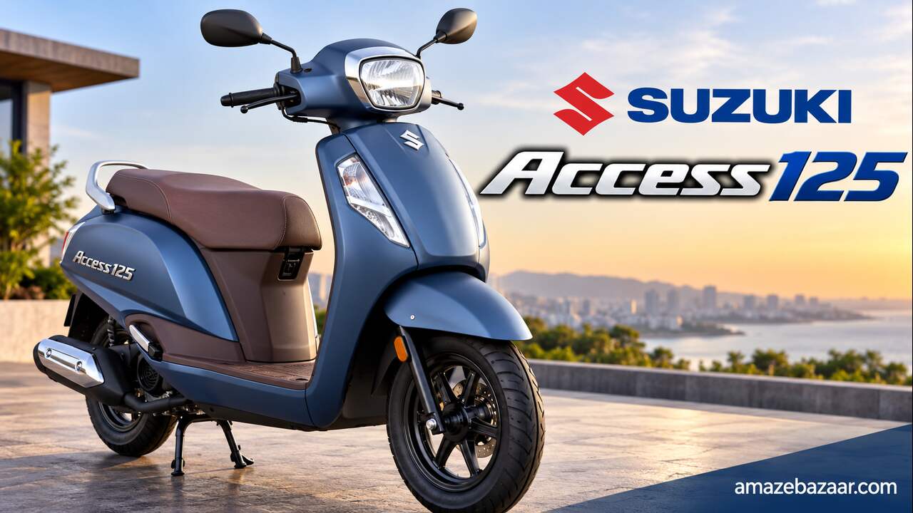 Text: Blue Suzuki Access 125 scooter parked outdoors during golden hour showing modern design and alloy wheels.